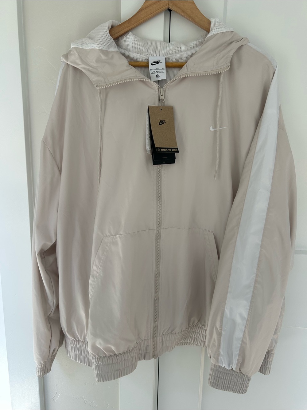 NWT Nike Women's Light Beige Hooded Bomber Jacket with White Stripe